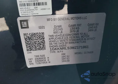 2021 GMC Acadia Awd Sle z USA, uszkodzony, nr VIN 1GKKNRLS3MZ171861